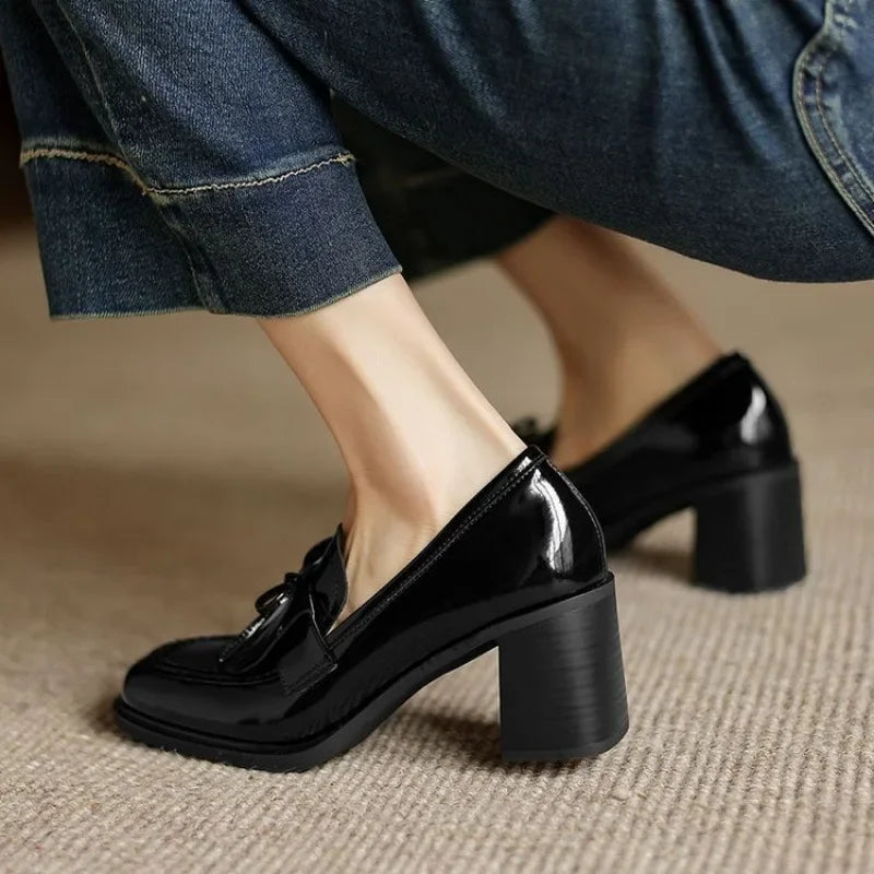 Tassel Loafer Pumps Block Heel Round Toe Heels