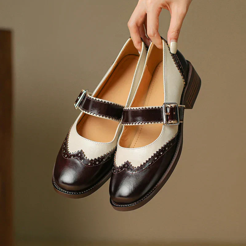 Two-Tone Leather Mary Jane Shoes Brogue T-Strap