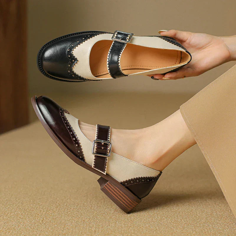Two-Tone Leather Mary Jane Shoes Brogue T-Strap