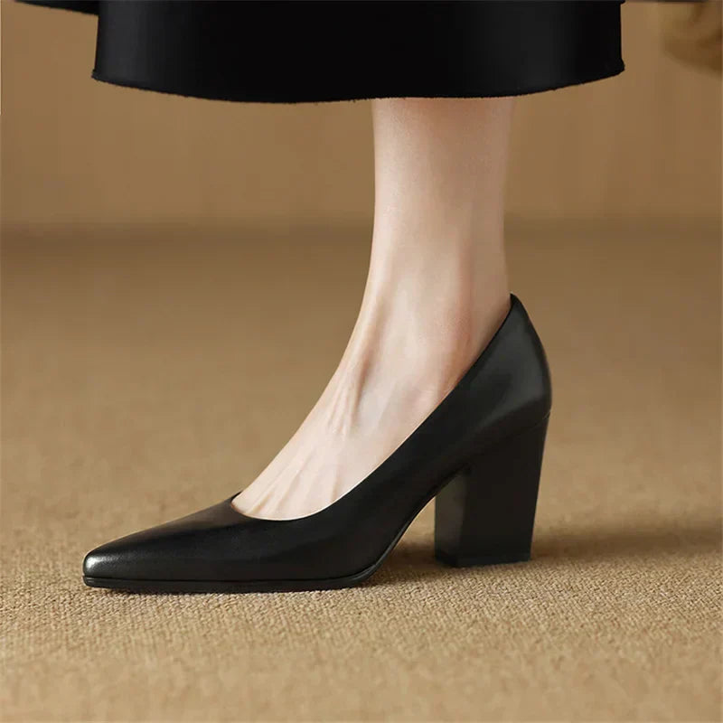 Block Heel Pumps Pointed Toe Slip On Work Heels