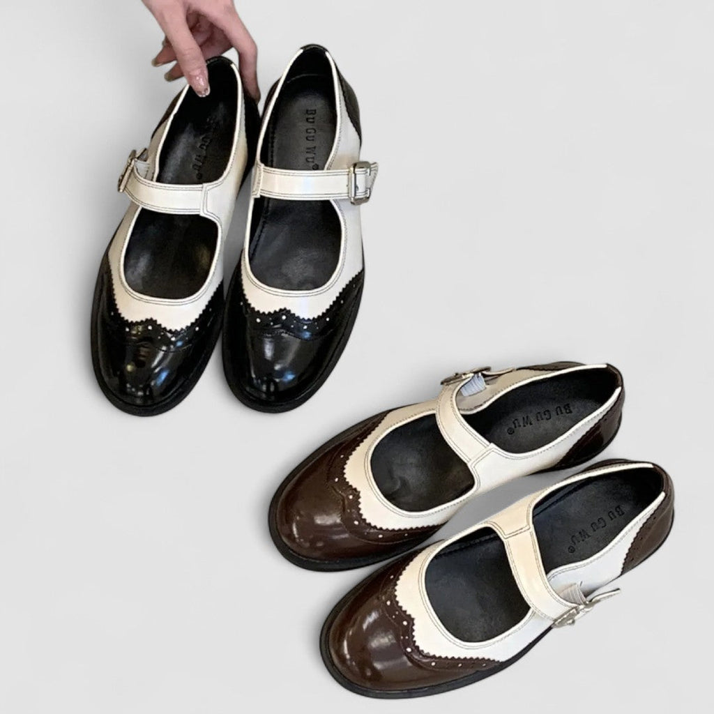Two-Tone Leather Mary Jane Shoes Brogue Low Heel