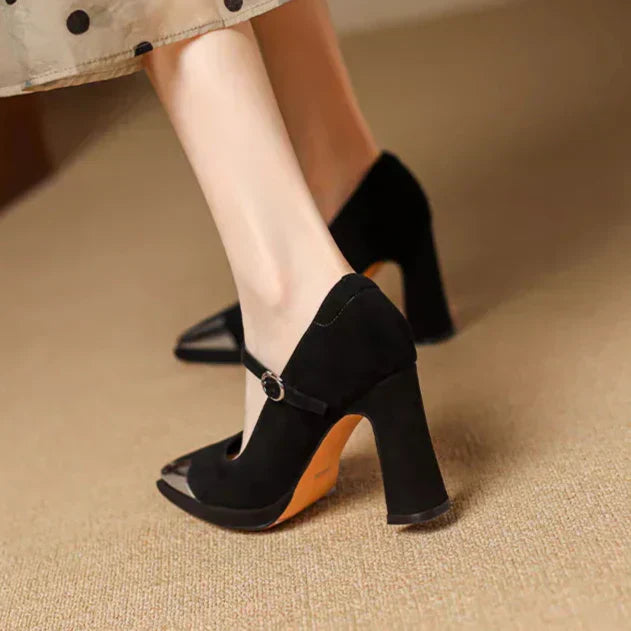 Mary Jane High Heel Pumps Cap Toe Block Heel Strap