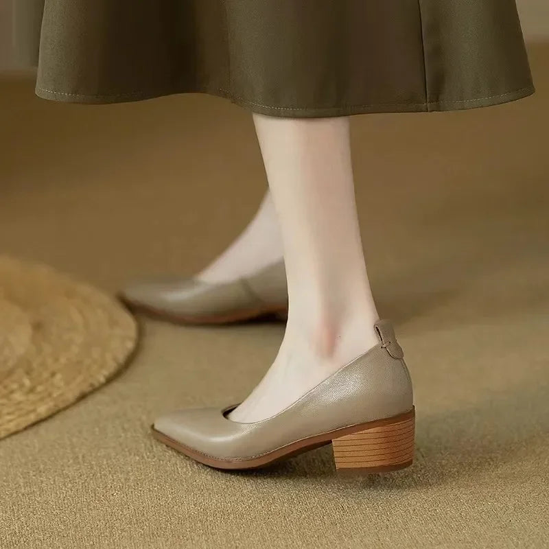 Block Heel Pumps Pointed Toe Slip On Work Shoes