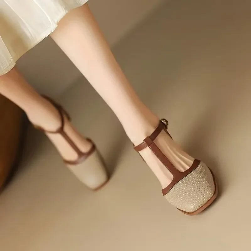 T-Strap Block Heel Shoes Square Toe Mid Heel Pumps