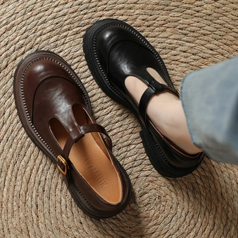 T-Bar Mary Jane Shoes Round Toe Brogue Low Heel