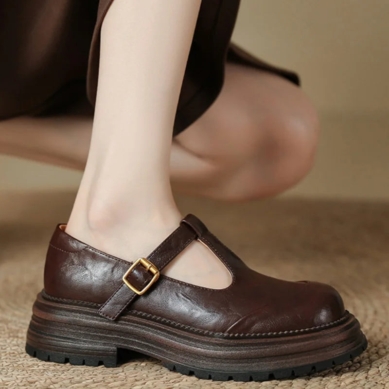 T-Bar Mary Jane Shoes Round Toe Brogue Low Heel