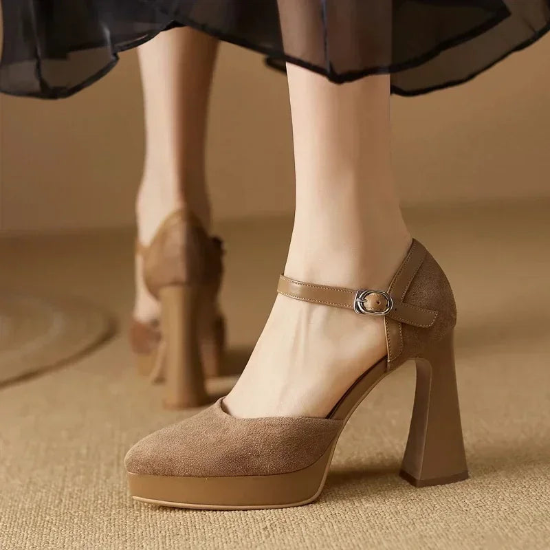 Platform Block Heel Pumps Ankle Strap High Heels
