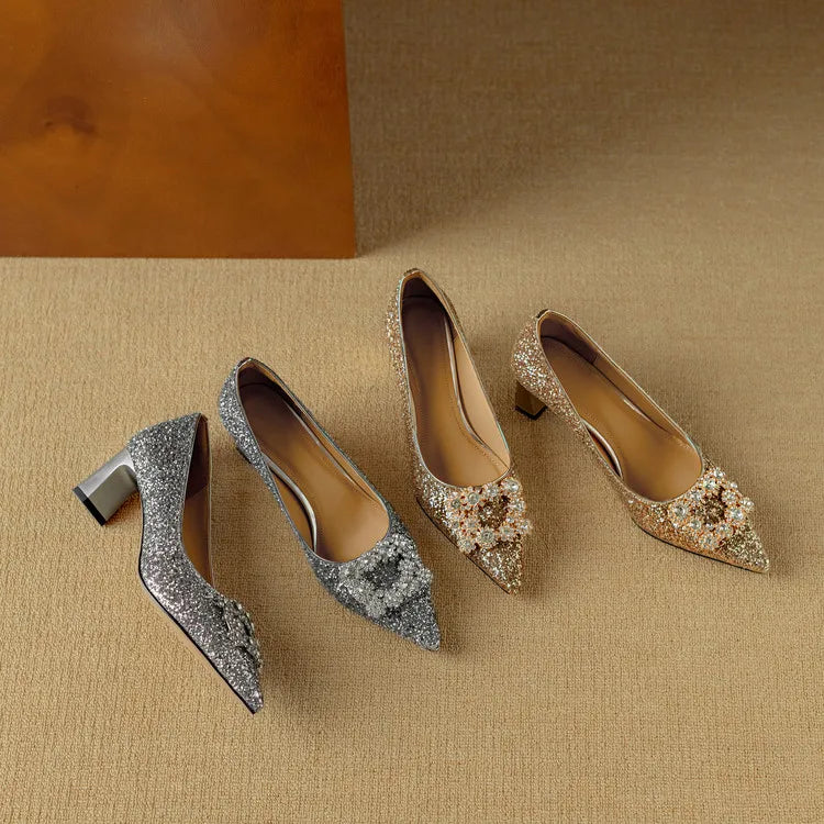 Glitter Block Heel Pumps Pointed Toe Crystal Buckle