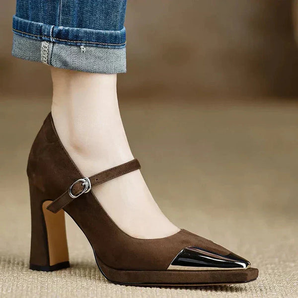 Mary Jane High Heel Pumps Cap Toe Block Heel Strap