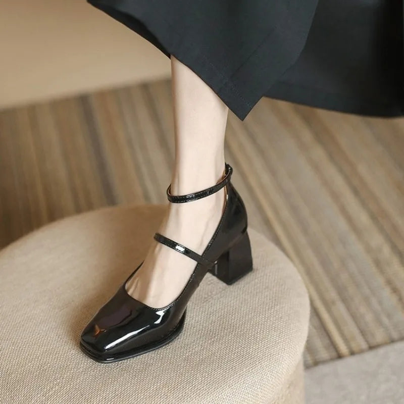 Ankle Strap Block Heel Pumps Square Toe Mary Jane