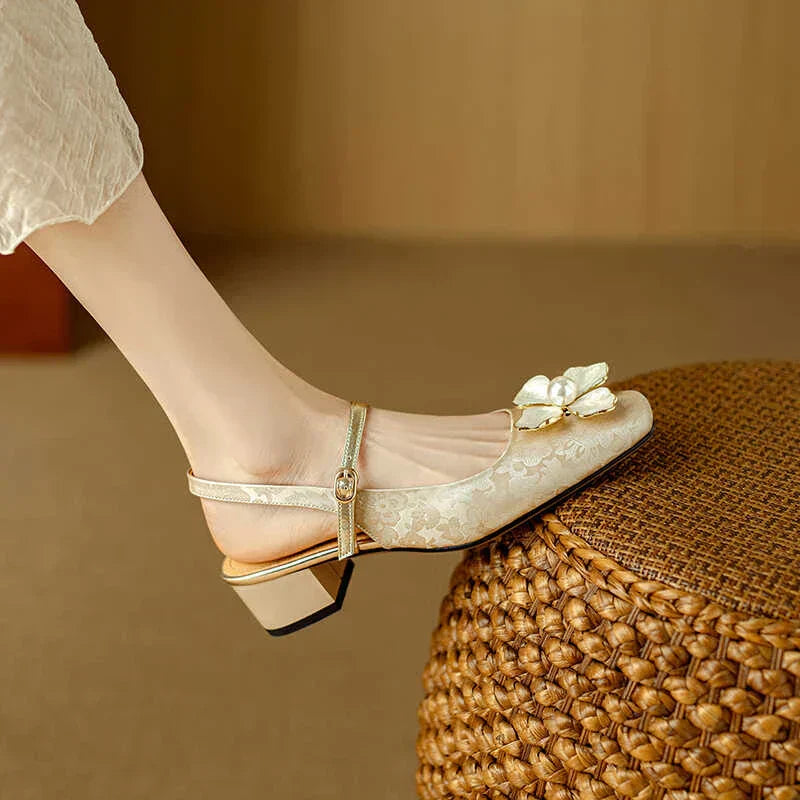 Floral Mary Jane Pumps Block Heel Jacquard Strap