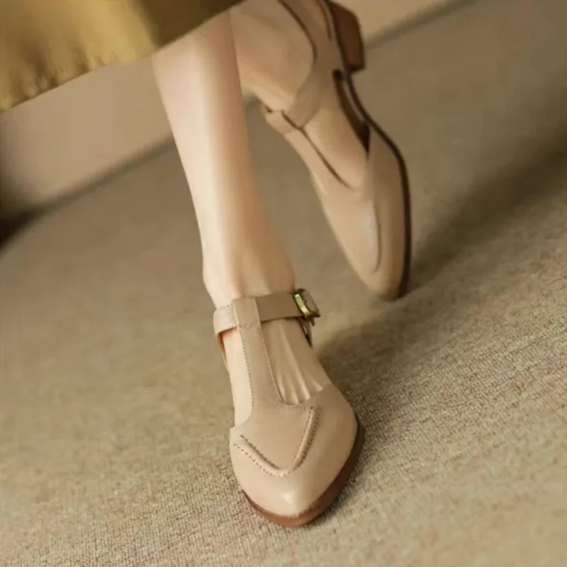 T-Strap Buckle Shoes Pointed Toe Low Heel Flats