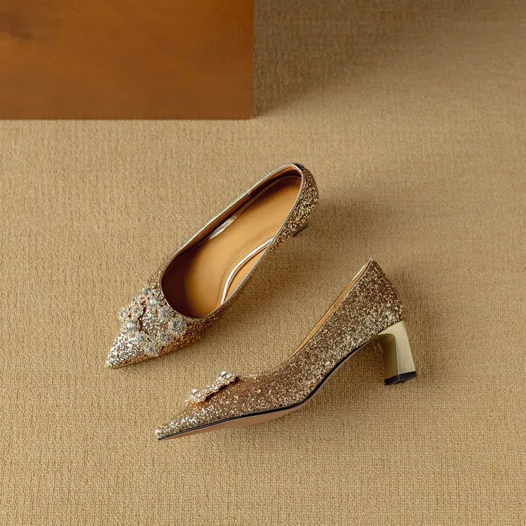 Glitter Block Heel Pumps Pointed Toe Crystal Buckle