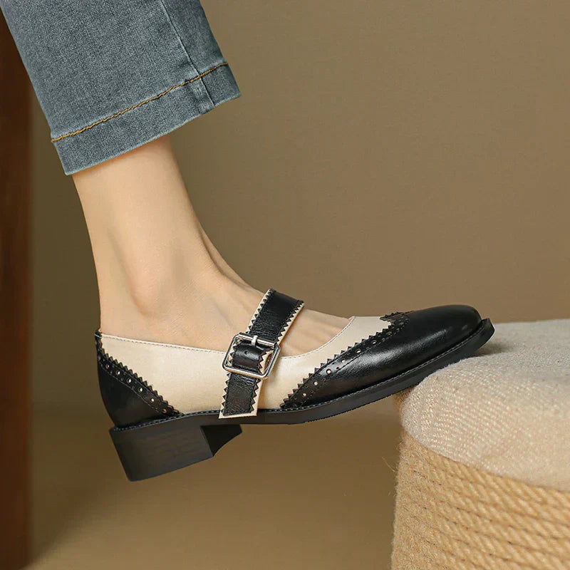 Two-Tone Leather Mary Jane Shoes Brogue T-Strap