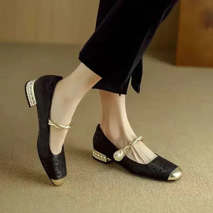 Pearl Strap Mary Jane Shoes Glitter Block Heel