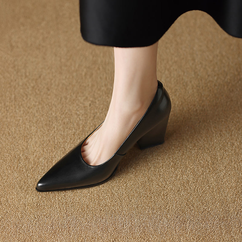 Block Heel Pumps Pointed Toe Slip On Work Heels