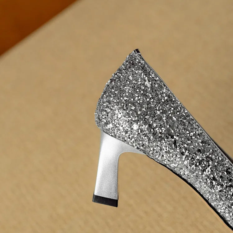Glitter Block Heel Pumps Pointed Toe Crystal Buckle