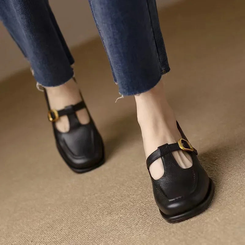 T-Strap Mary Jane Shoes Square Toe Low Block Heel