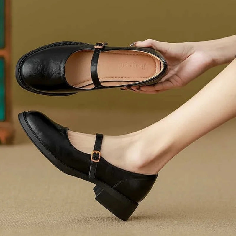Leather Mary Jane Shoes Low Block Heel Strap
