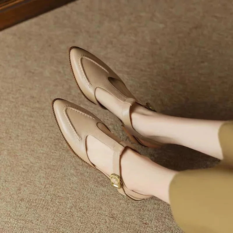 T-Strap Buckle Shoes Pointed Toe Low Heel Flats
