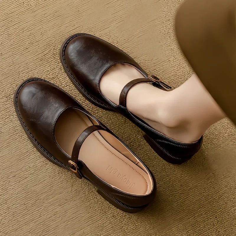 Leather Mary Jane Shoes Low Block Heel Strap