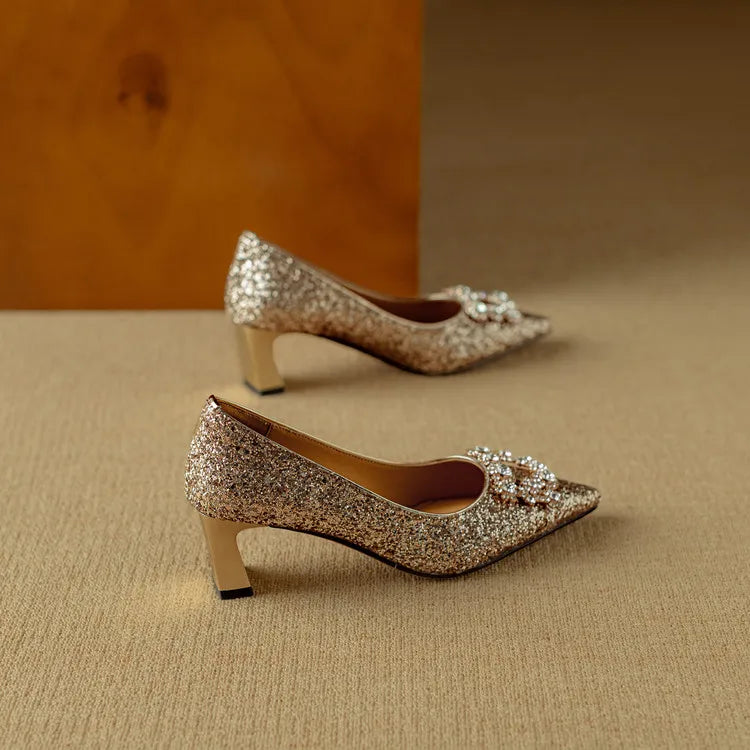 Glitter Block Heel Pumps Pointed Toe Crystal Buckle