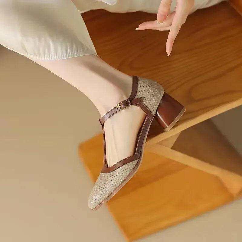 T-Strap Block Heel Shoes Square Toe Mid Heel Pumps
