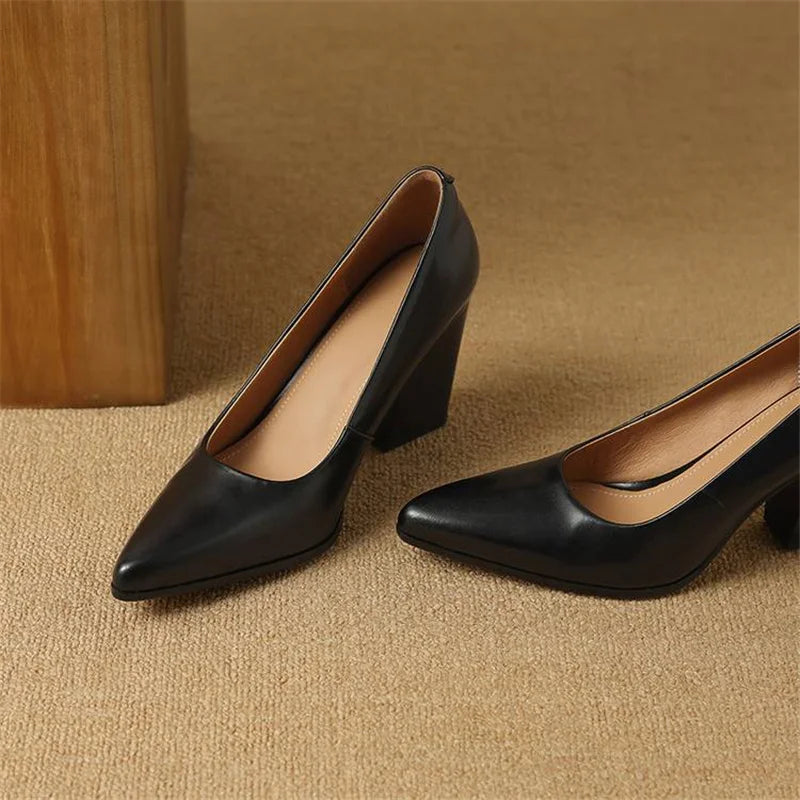 Block Heel Pumps Pointed Toe Slip On Work Heels