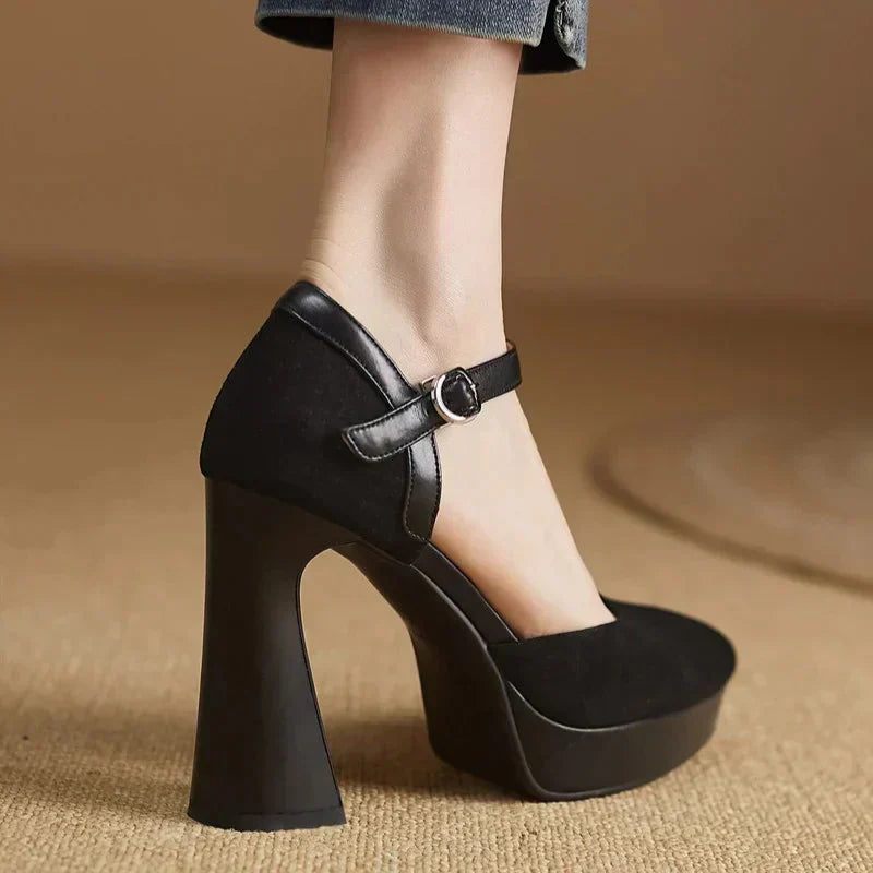 Platform Block Heel Pumps Ankle Strap High Heels