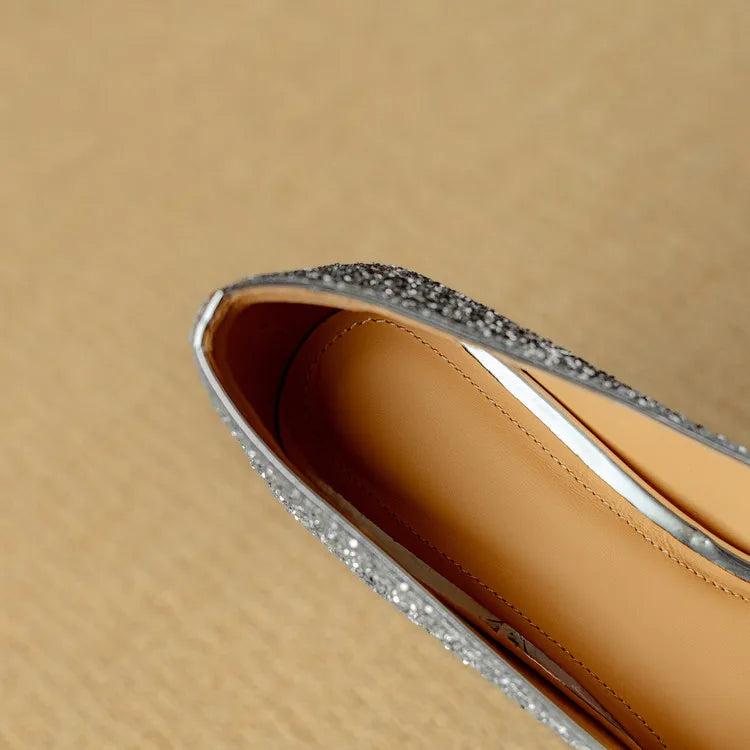 Glitter Block Heel Pumps Pointed Toe Crystal Buckle