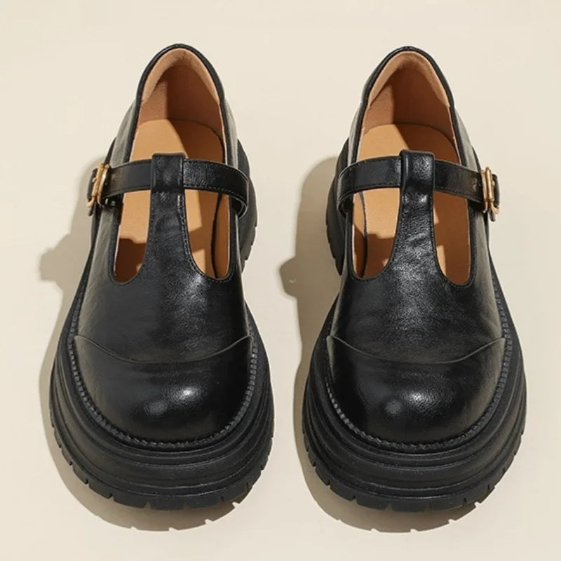T-Bar Mary Jane Shoes Round Toe Brogue Low Heel