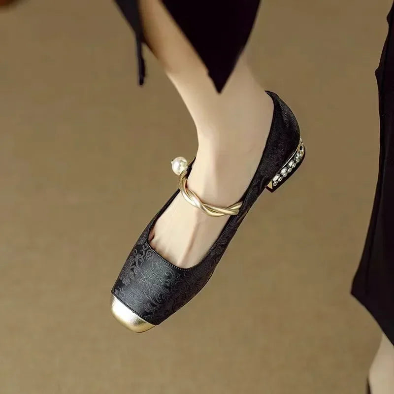 Pearl Strap Mary Jane Shoes Glitter Block Heel