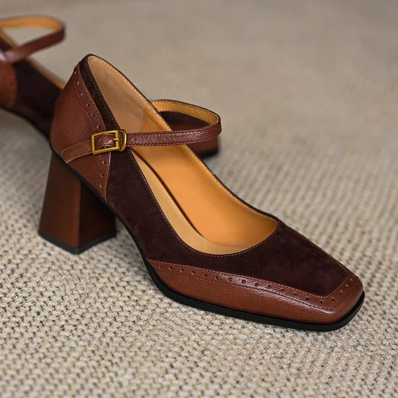 Square Toe Block Heel Pumps Ankle Strap Brogue