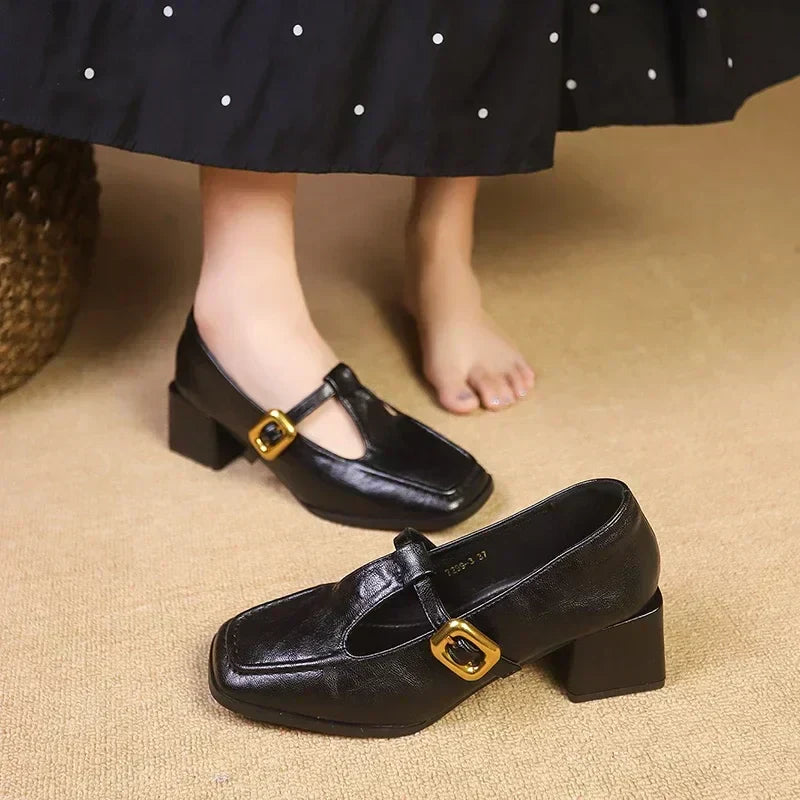 Square Toe Mary Jane Heels Block Heel Gold Buckle