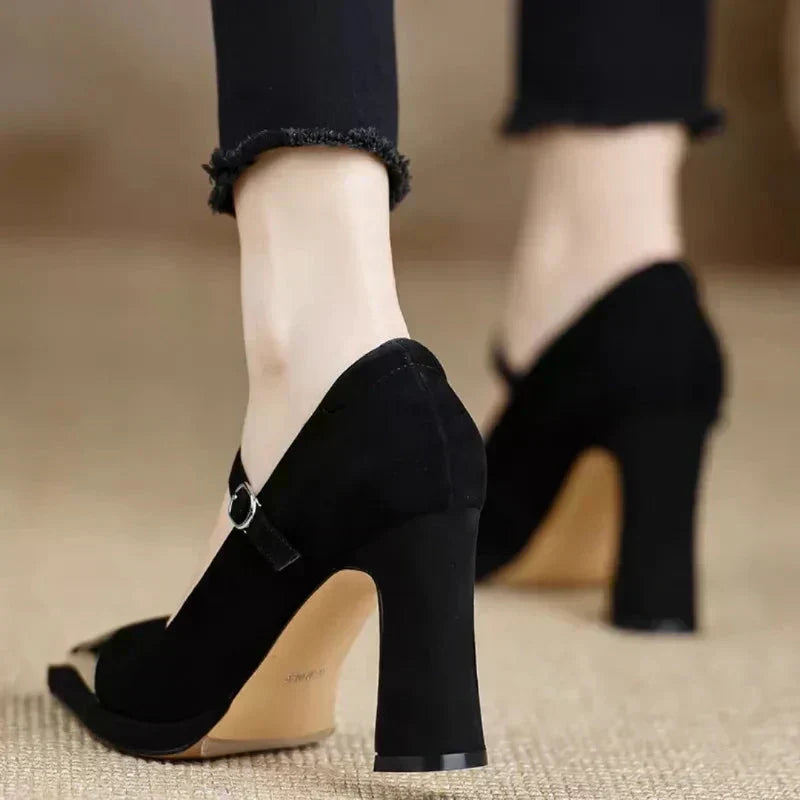 Mary Jane High Heel Pumps Cap Toe Block Heel Strap
