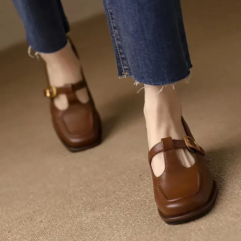 T-Strap Mary Jane Shoes Square Toe Low Block Heel