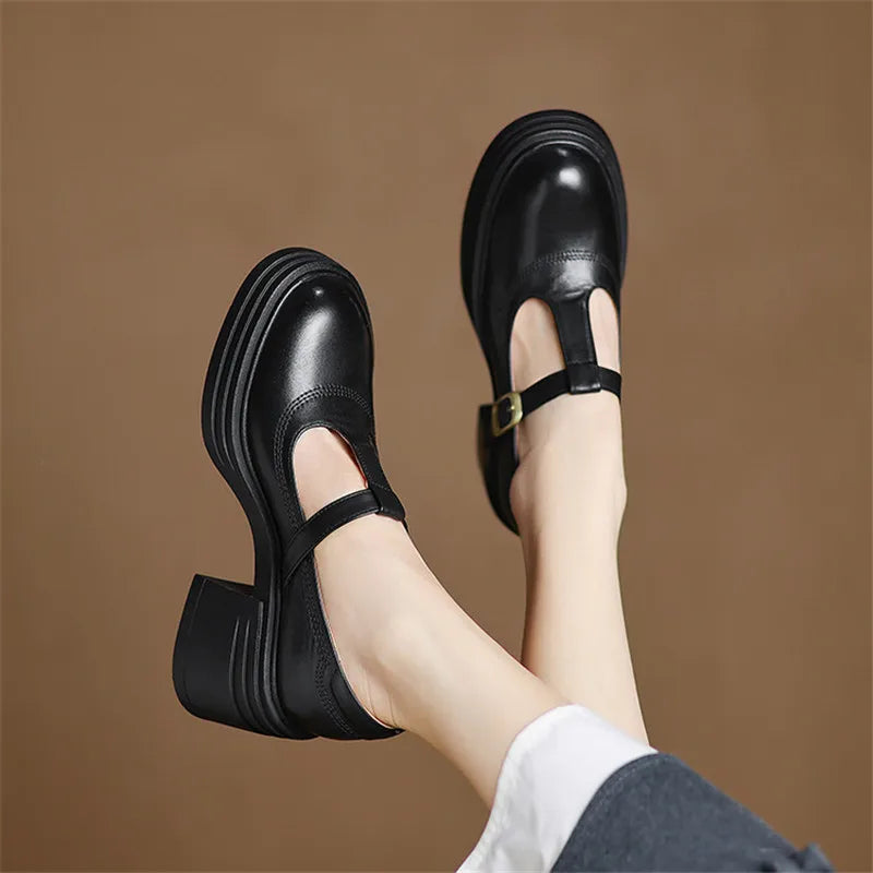 Chunky Block Heel Mary Jane Pumps Round Toe Strap