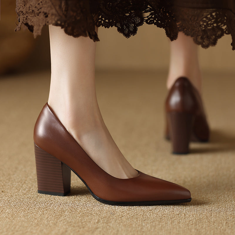 Block Heel Pumps Pointed Toe Slip On Work Heels