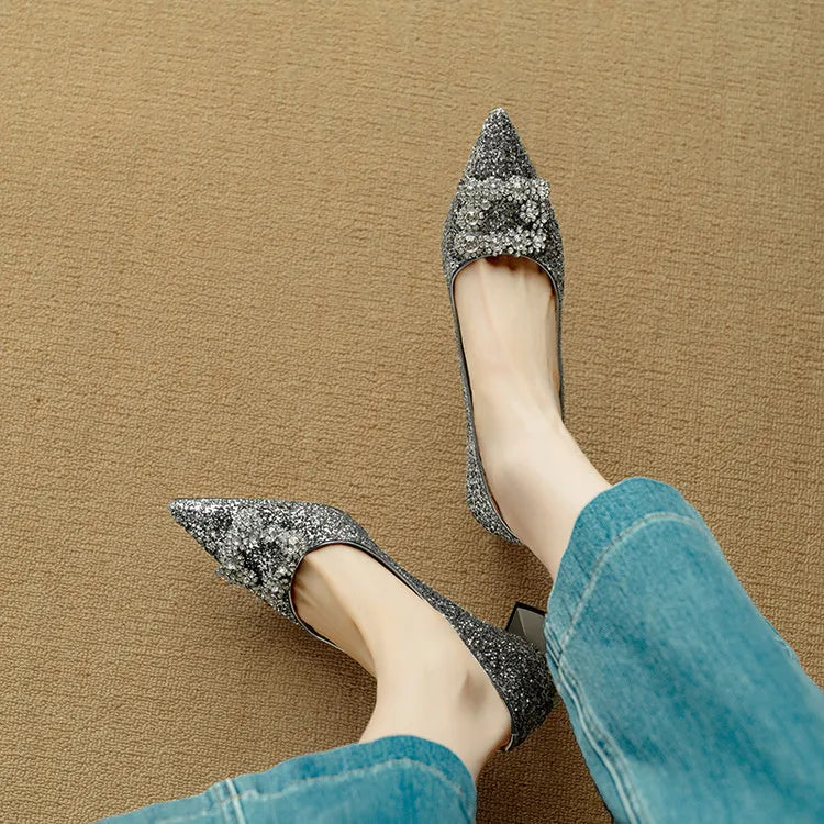 Glitter Block Heel Pumps Pointed Toe Crystal Buckle