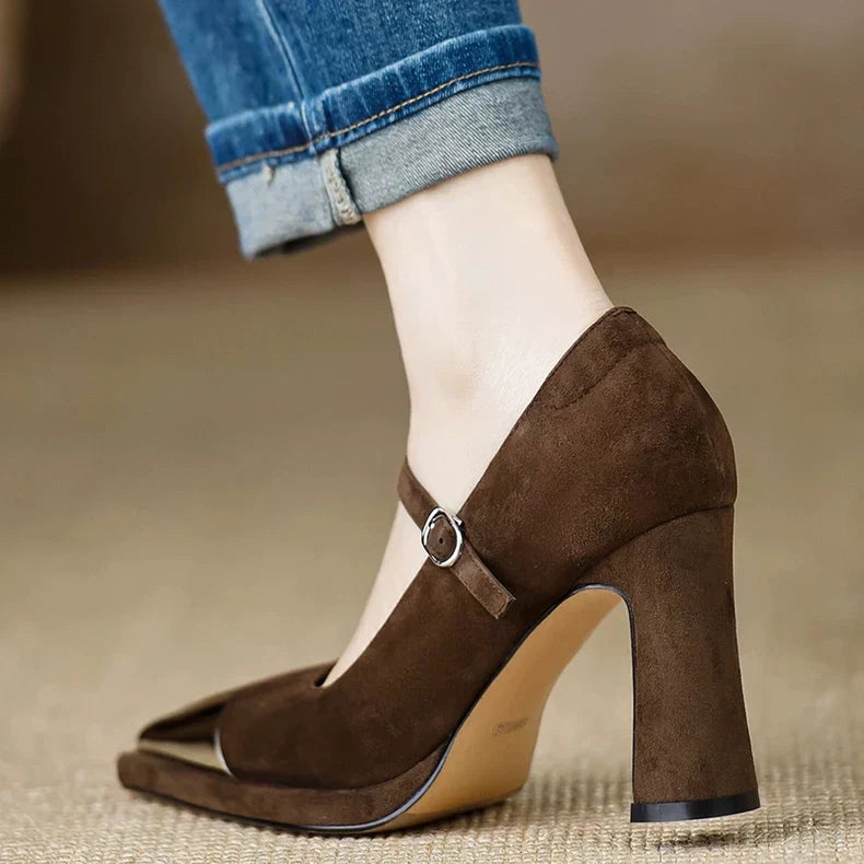 Mary Jane High Heel Pumps Cap Toe Block Heel Strap