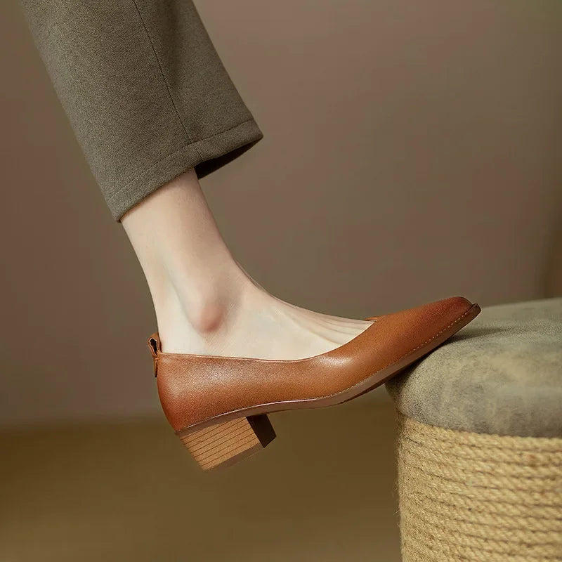 Block Heel Pumps Pointed Toe Slip On Work Shoes
