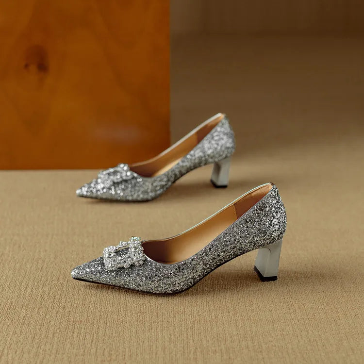 Glitter Block Heel Pumps Pointed Toe Crystal Buckle