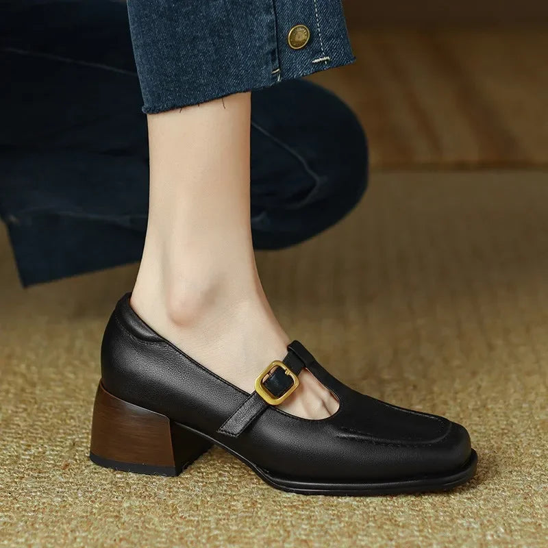 T-Strap Mary Jane Shoes Square Toe Low Block Heel