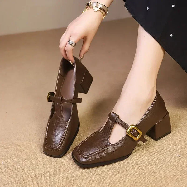 Square Toe Mary Jane Heels Block Heel Gold Buckle