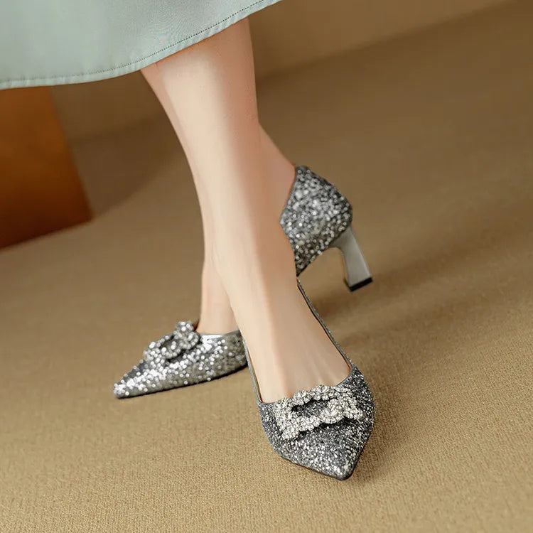Glitter Block Heel Pumps Pointed Toe Crystal Buckle