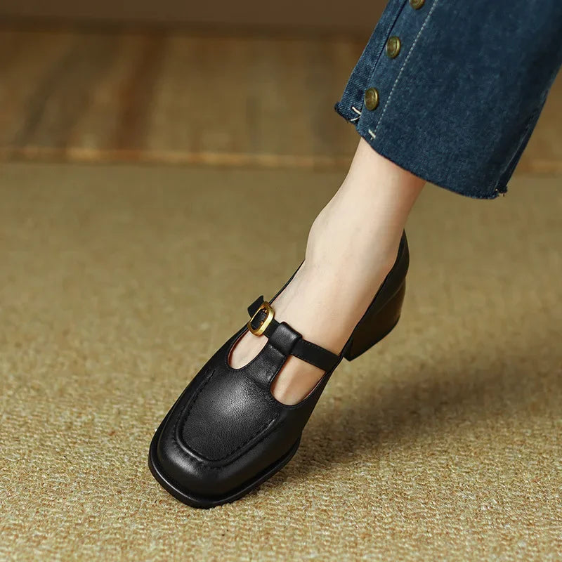 T-Strap Mary Jane Shoes Square Toe Low Block Heel