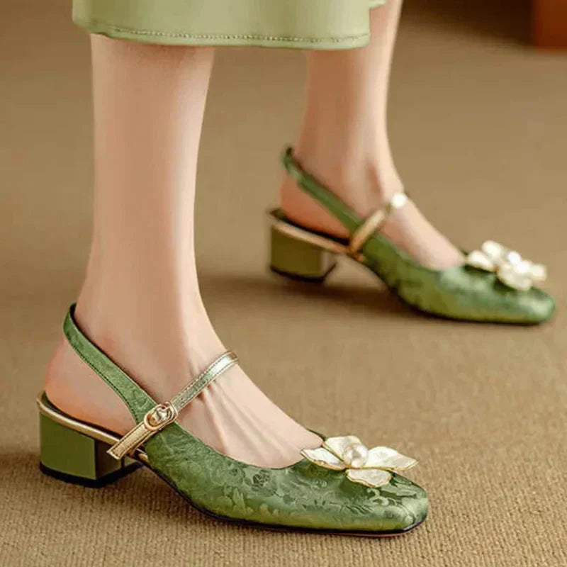 Floral Mary Jane Pumps Block Heel Jacquard Strap