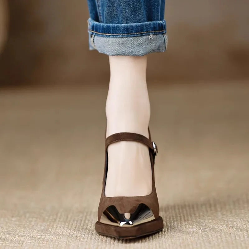 Mary Jane High Heel Pumps Cap Toe Block Heel Strap