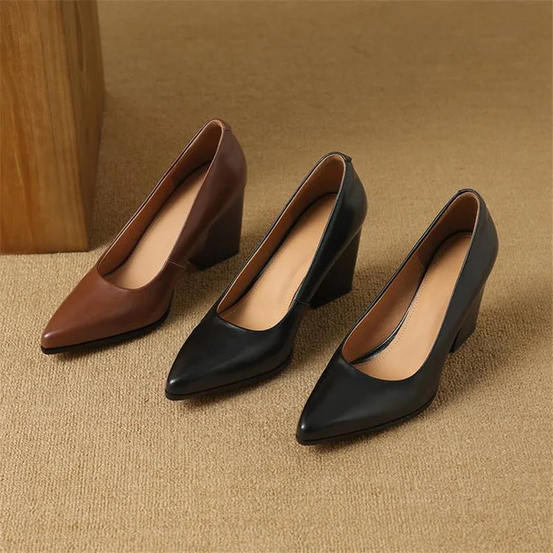 Block Heel Pumps Pointed Toe Slip On Work Heels