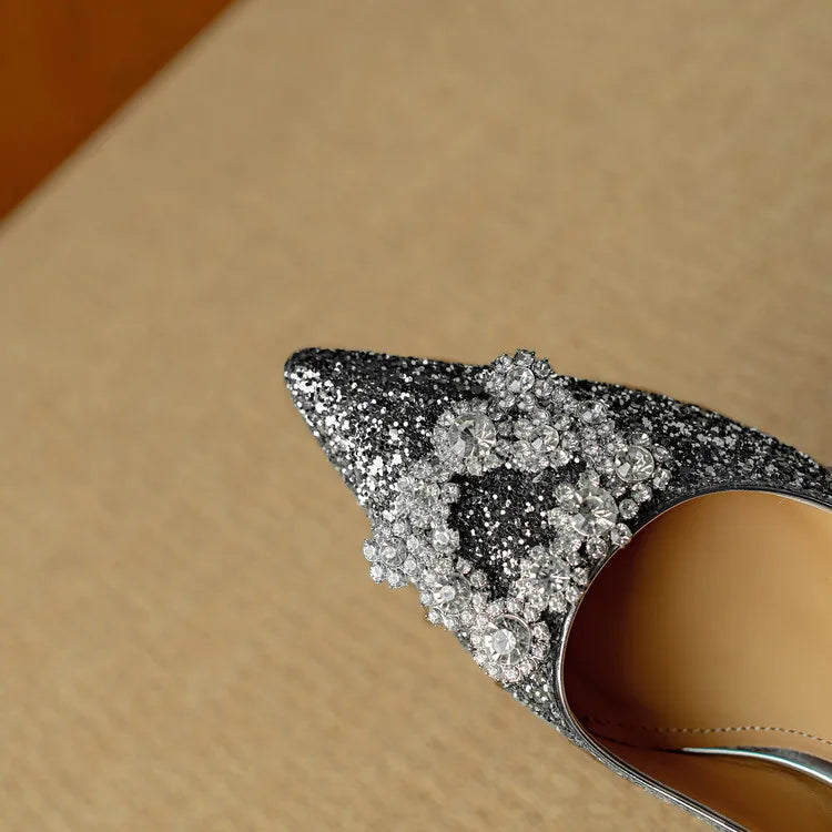 Glitter Block Heel Pumps Pointed Toe Crystal Buckle